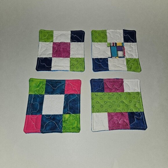 4 Fabric Coasters Decor Sewn Handmade Blue Green White Purple NEVER USED - Picture 1 of 3